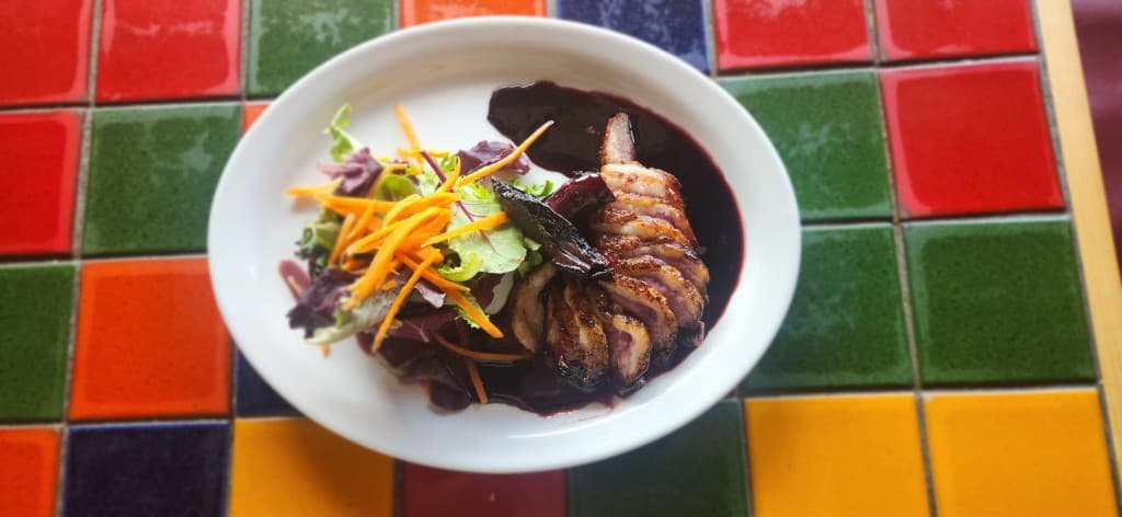 Roasted duck breast with portobello mushroom and port wine reduction at Bacchus, Italian restaurant in Richmond VA
